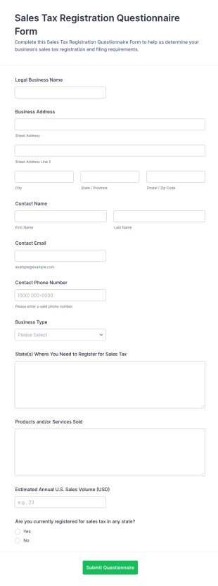 Sales Tax Registration Questionnaire Form Template