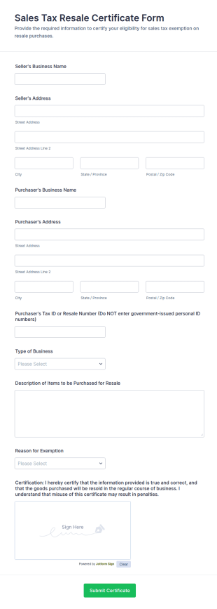 Sales Tax Resale Certificate Form Template