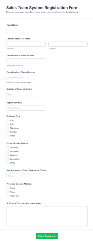 Sales Team System Registration Form Template