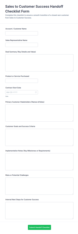 Sales To Customer Success Handoff Checklist Form Template
