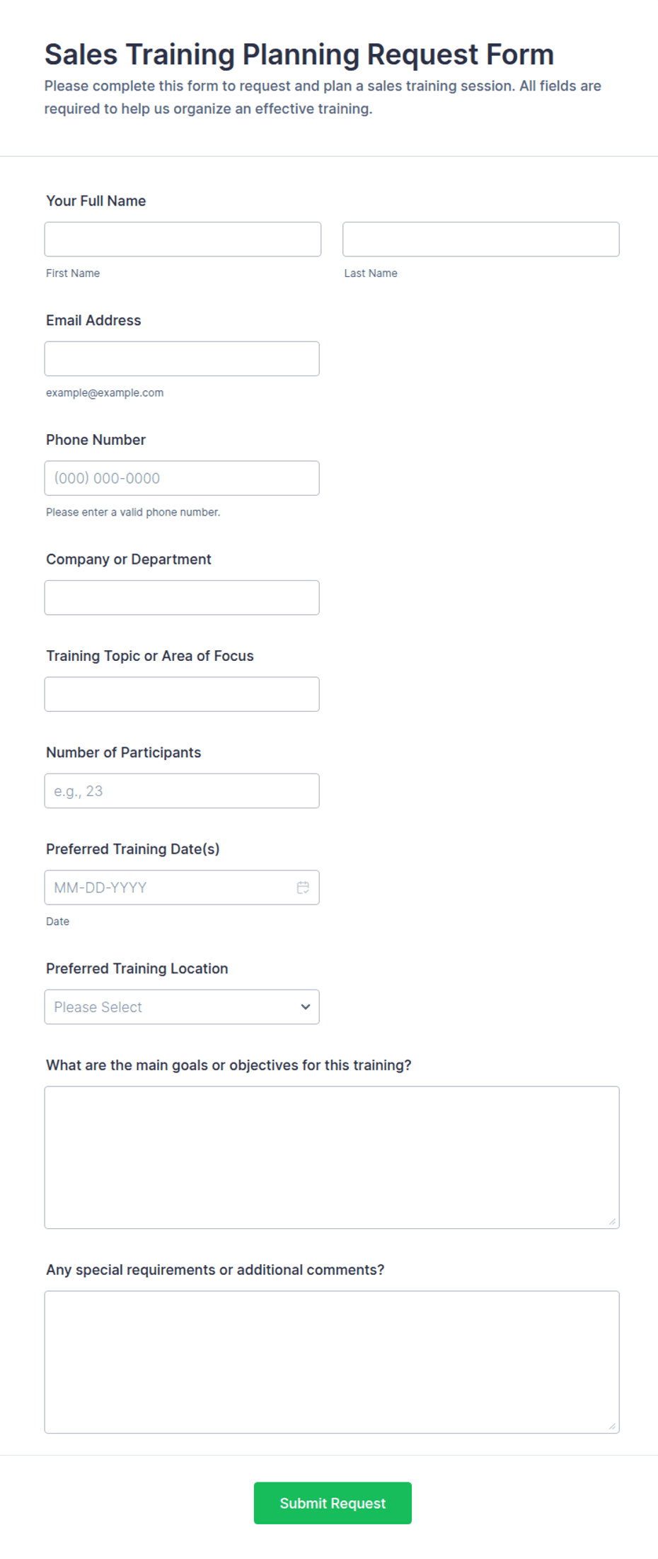Sales Training Planning Request Form Template | Jotform