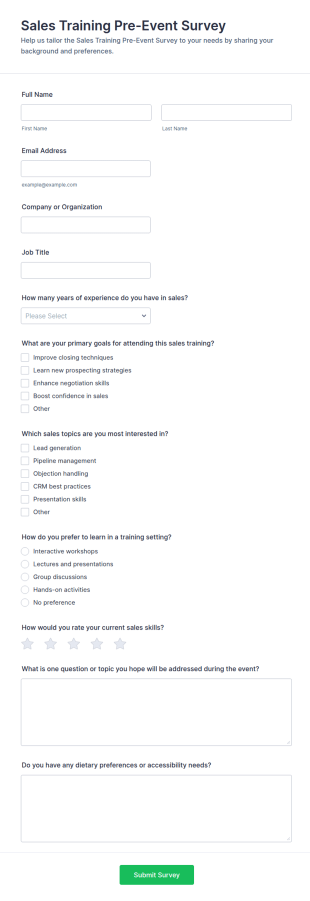 Sales Training Pre Event Survey Form Template