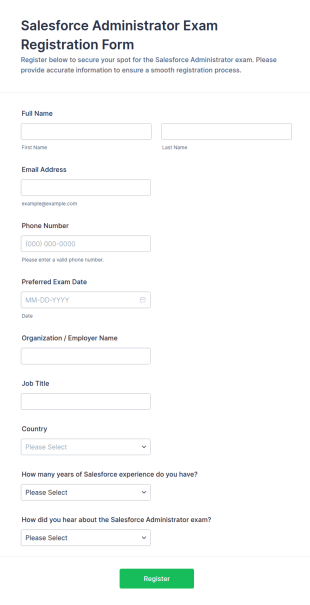 Salesforce Administrator Exam Registration Form Template
