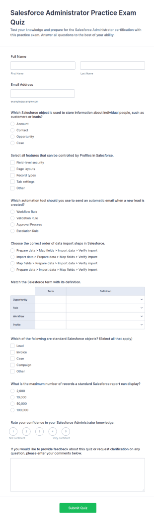 Salesforce Administrator Practice Exam Quiz Form Template