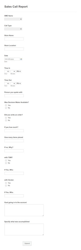 Salesperson Call Report Form Template