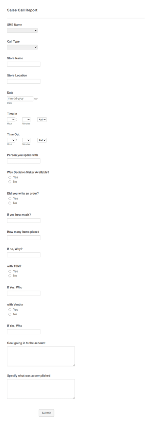 Salesperson Call Report Form Template