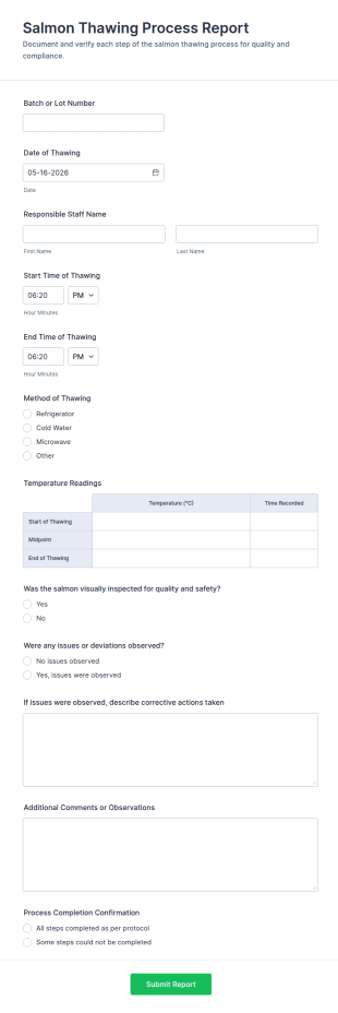 Salmon Thawing Process Report Form Template
