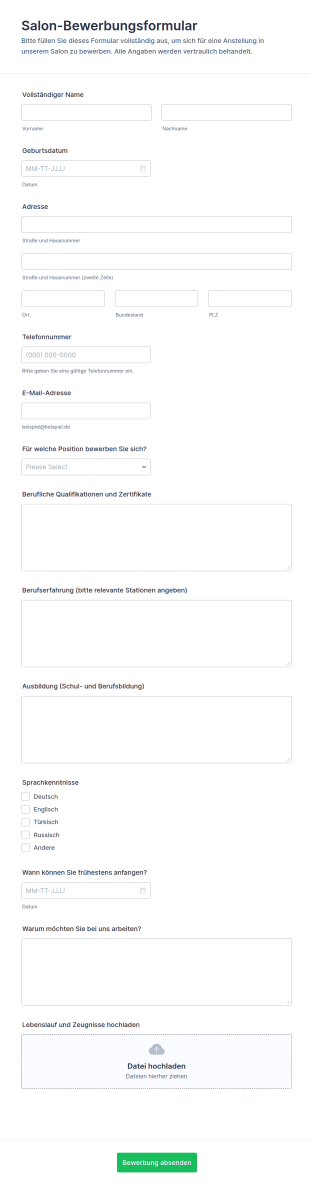 Salon Bewerbungsformular