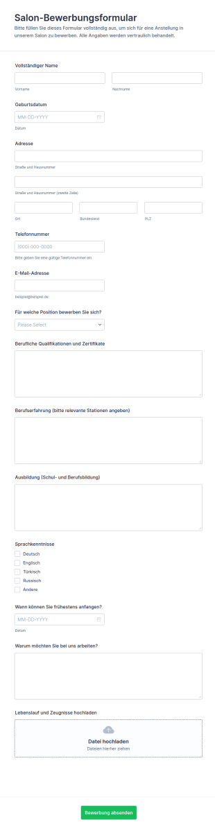 Salon Bewerbungsformular
