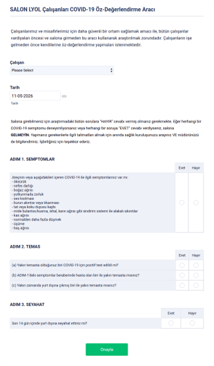 Salon Çalışanları COVID 19 Öz Değerlendirme Form Şablonu