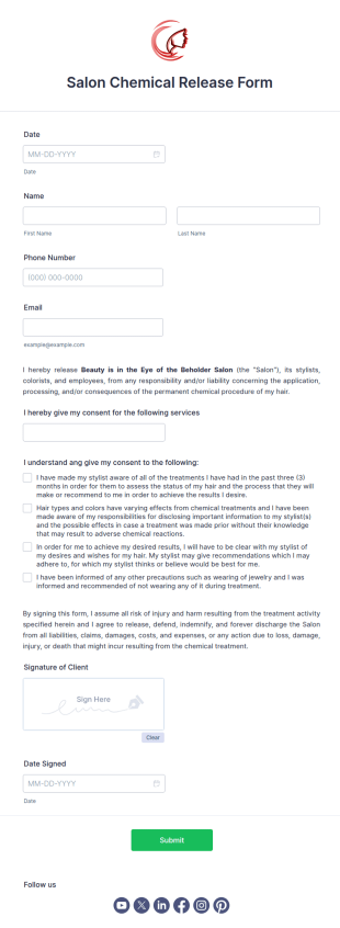 Salon Chemical Release Form Template