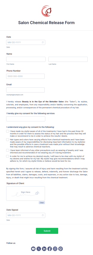 Salon Chemical Release Form Template