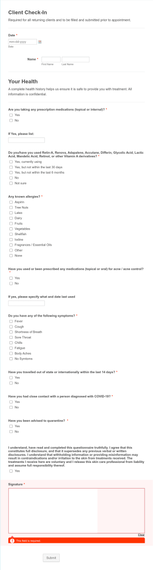 Salon Client Health Check In Form Template