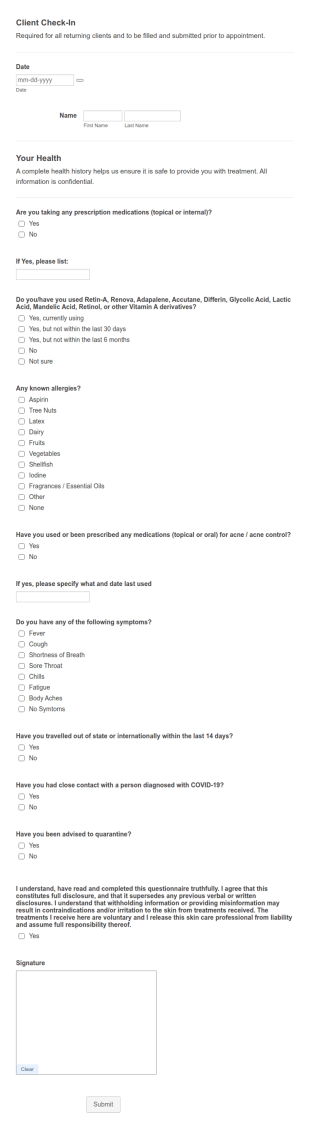 Salon Client Health Check In Form Template