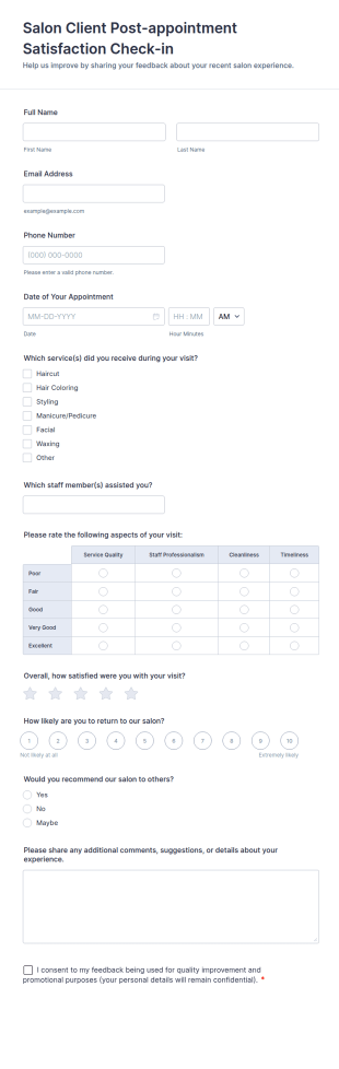 Salon Client Post Appointment Satisfaction Check In Form Template