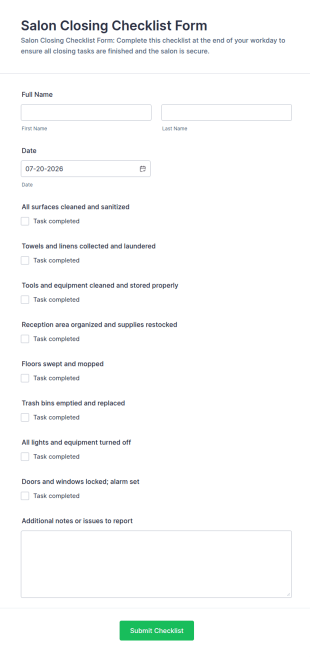 Salon Closing Checklist Form Template