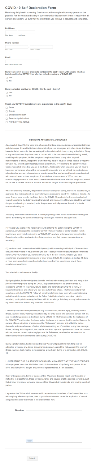 Salon COVID 19 WAIVER AND HEALTH CHECK Form Template