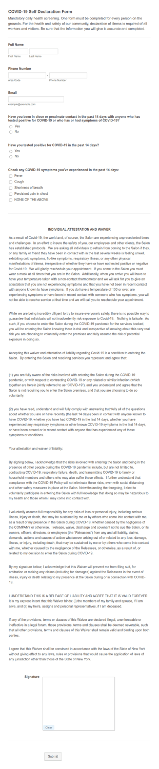 Salon COVID 19 WAIVER AND HEALTH CHECK Form Template