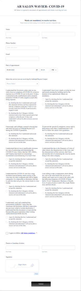 Salon COVID 19 WAIVER Form Template