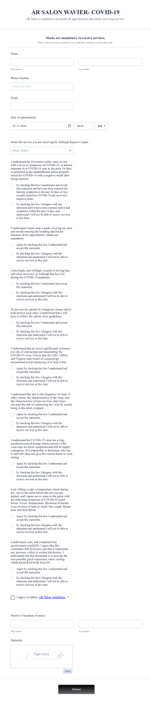 Salon COVID 19 WAIVER Form Template