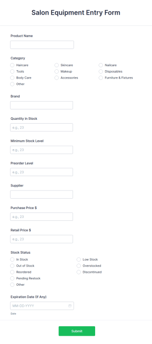 Salon Equipment Entry Form Template