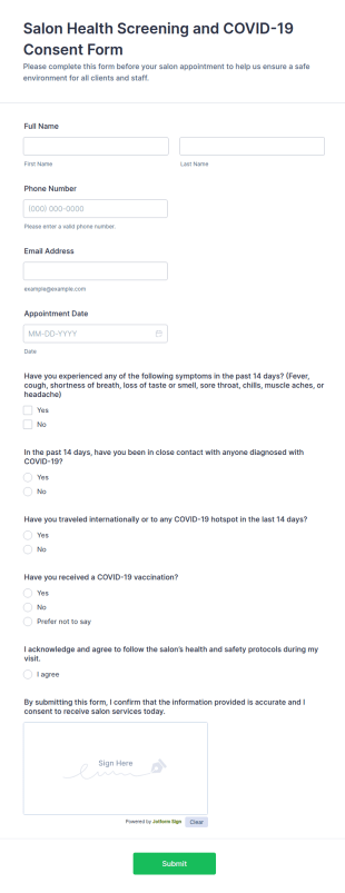 Salon Health Screening And COVID 19 Consent Form Template