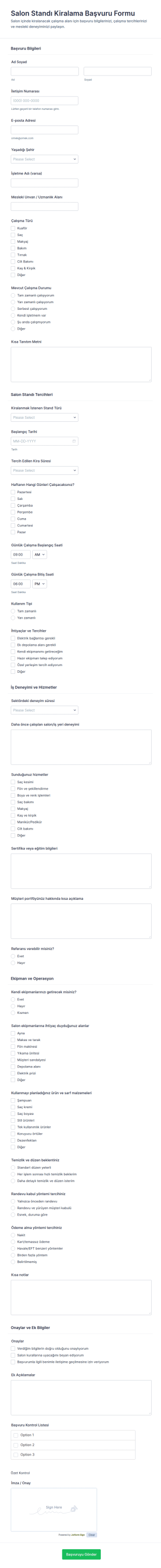 Salon Kabin Kiralama Başvuru Form Şablonu