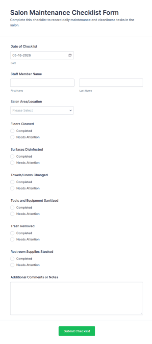 Salon Maintenance Checklist Form Template