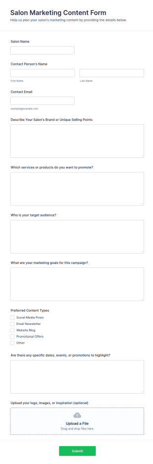 Salon Marketing Content Form Template