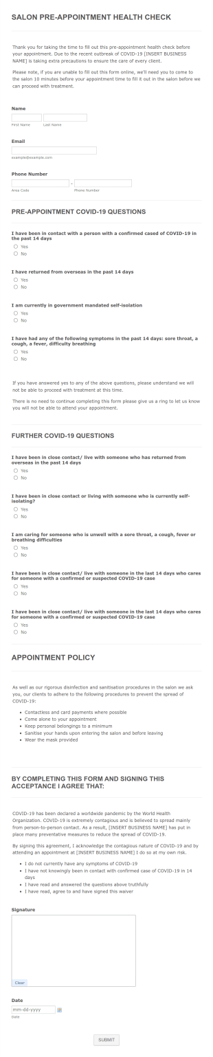 Salon Pre Appointment Health Check Form Template