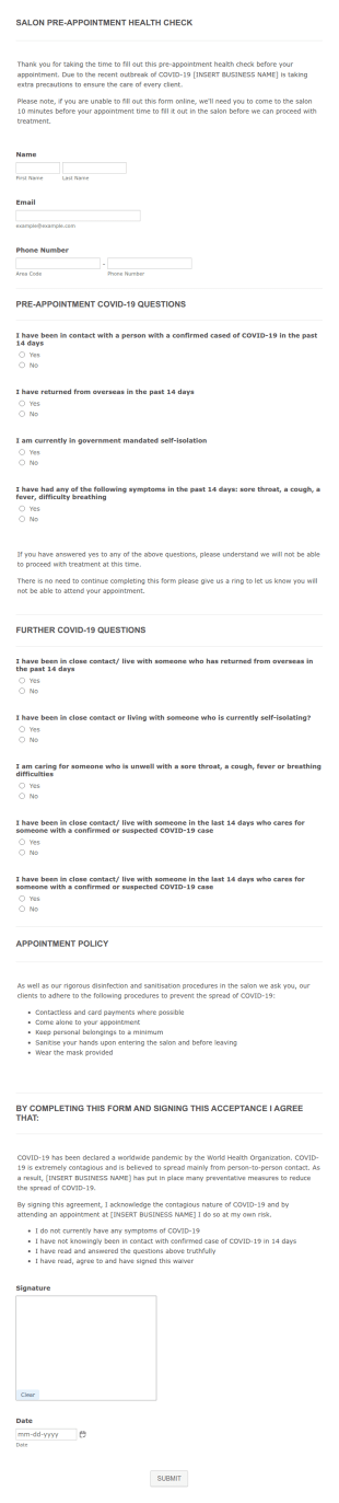 Salon Pre Appointment Health Check Form Template