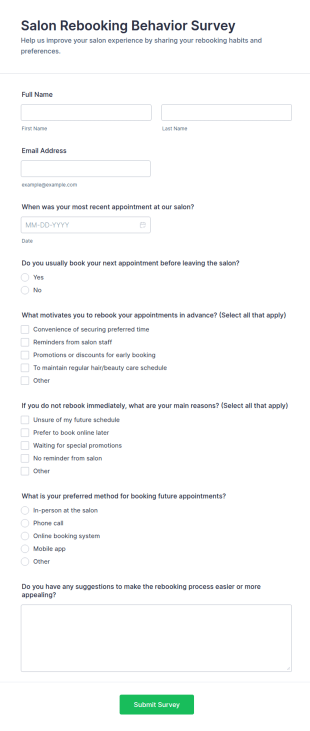 Salon Rebooking Behavior Survey Form Template