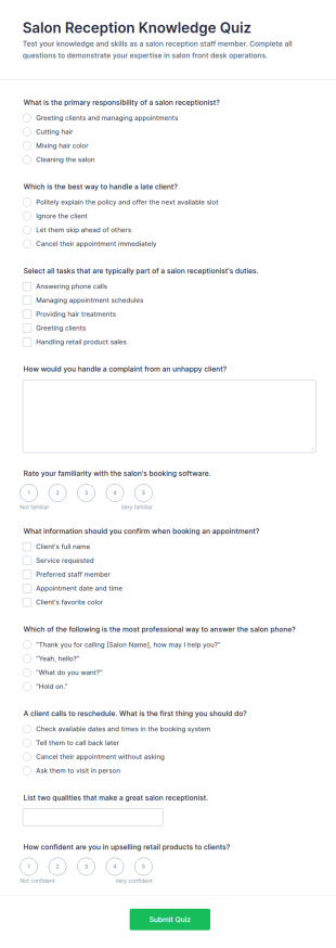 Salon Reception Knowledge Quiz Form Template