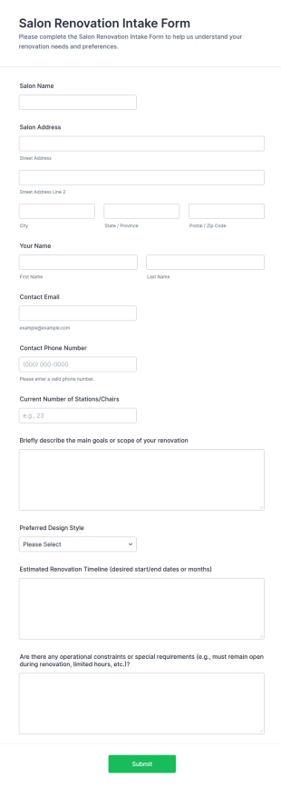 Salon Renovation Intake Form Template