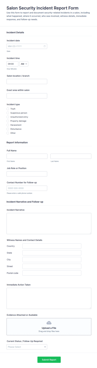 Salon Security Incident Report Form Template