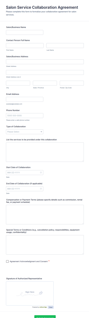 Salon Service Collaboration Agreement Form Template