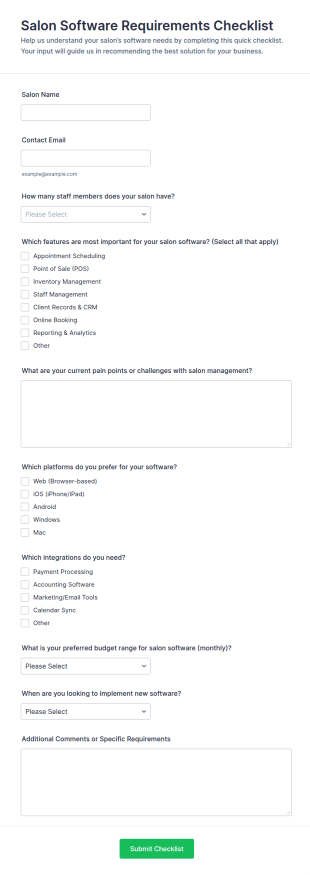 Salon Software Requirements Checklist Form Template