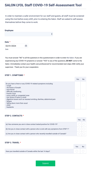 Salon Staff COVID 19 Self Assessment Form Template