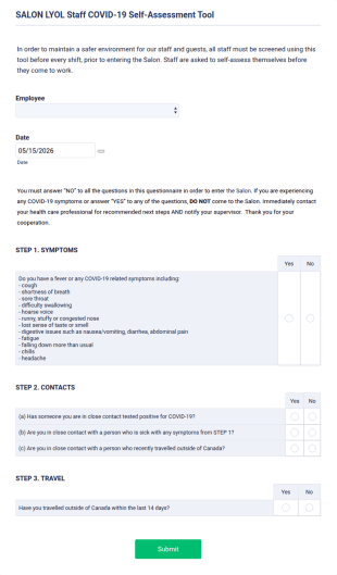 Salon Staff COVID 19 Self Assessment Form Template
