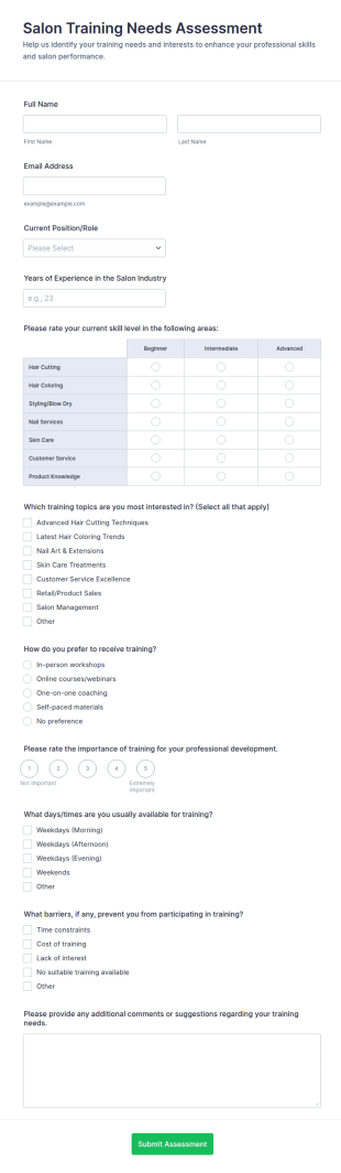 Salon Training Needs Assessment Form Template