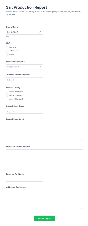 Salt Production Report Form Template