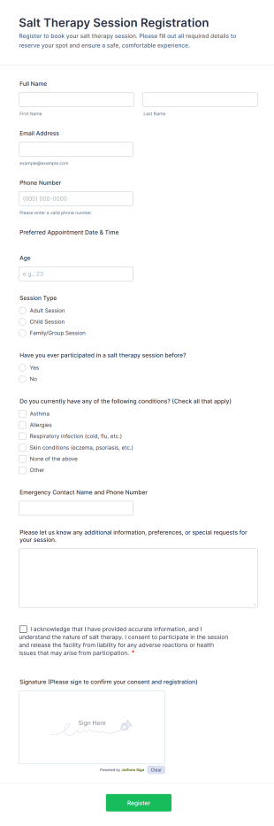 Salt Therapy Session Registration Form Template