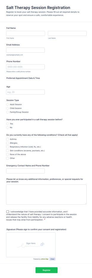 Salt Therapy Session Registration Form Template