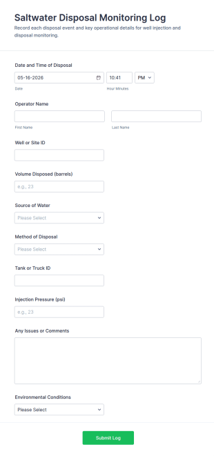 Saltwater Disposal Monitoring Log Form Template