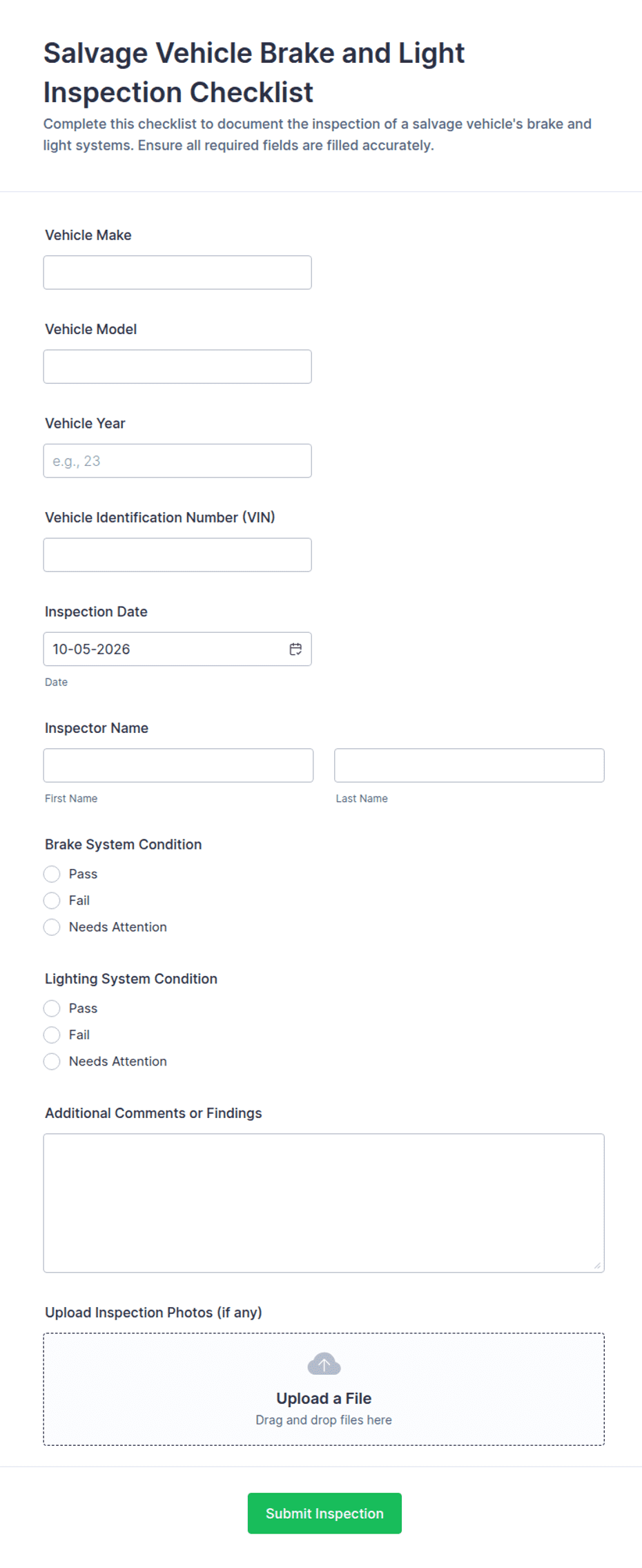 Example Insection Report Form Salvage Vehicle Brake and Light Inspection Checklist Form Template ...