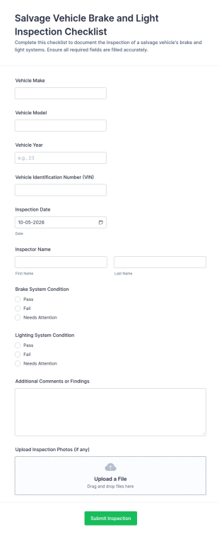 Salvage Vehicle Brake And Light Inspection Checklist Form Template