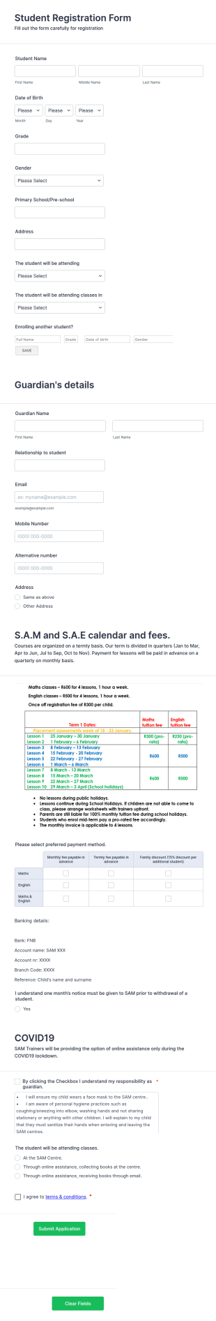 Math Student Registration Form Template