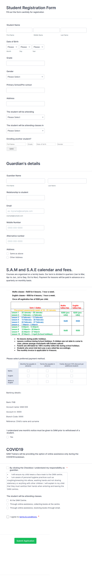 Math Student Registration Form Template