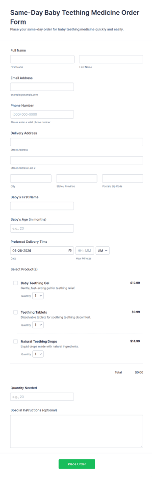 Same Day Baby Teething Medicine Order Form Template