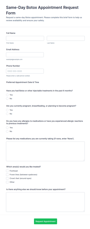 Same Day Botox Appointment Request Form Template